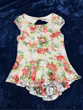 BCX Floral Lace Peplum Top - Pink, Green & Blue